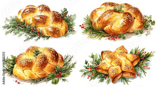 Festive watercolor illustration of braided Christmas bread decorated with pine branches and red berries. Perfect for holiday cards, bakery packaging, or seasonal food designs.