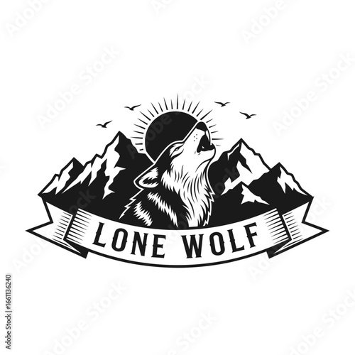A lone wolf howls at sunset, silhouetted against a majestic mountain range.  Vintage style graphic.