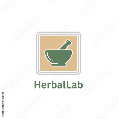 Herbal Lab logo featuring a mortar and pestle, symbolizing natural remedies.