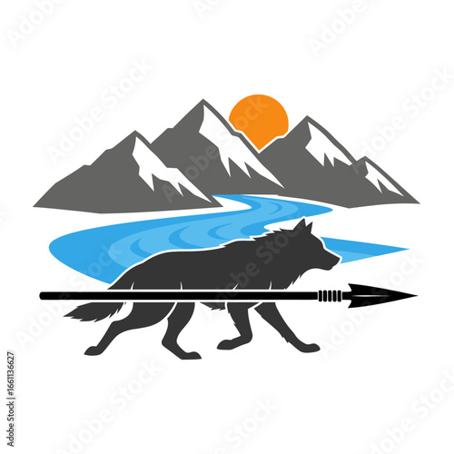 A wolf silhouette by a river, majestic mountains, and a setting sun.