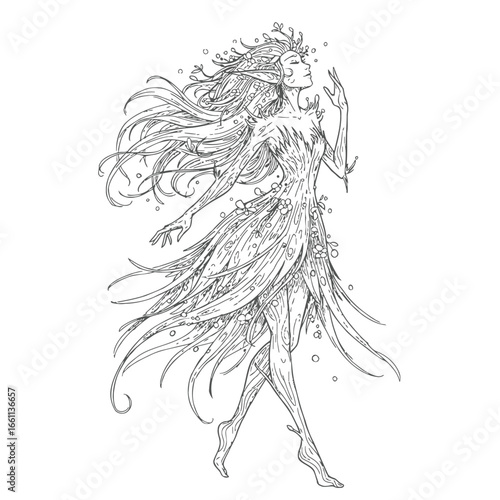 Elegant Forest Nymph Line Art Illustration.