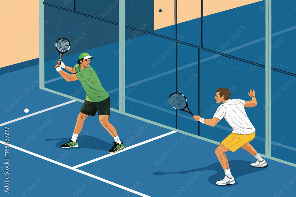 Obraz premium Two athletic players intensely engaged in a dynamic padel match on a modern glass court.