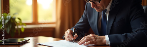 bespectacled executive face illuminated soft morning light streaming office window scrutinizes