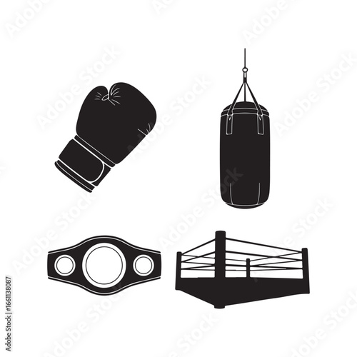 Boxing championship icons including gloves punching bag ring and championship belt for sports and fitness concepts silhouette