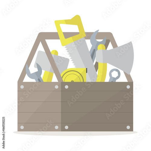 Toolbox icon. Axe, hammer, saw, wrenches, tape measure. Tools for repair, construction.