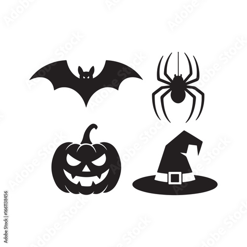 Spooky halloween icons featuring bat pumpkin spider and witch hat for festive decorations and themes silhouette