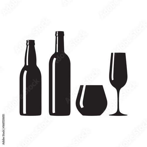 Set of dark silhouettes featuring wine bottles beer bottles and drinking glasses for a beverage concept silhouette