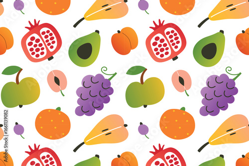 Flat cartoon vector seamless pattern with fruits, doddles of pear, grape, avocado, pomegranate, apple, orange. Colorful fruit background for healthy food, diet, vegetarian lifestyle, organic farming