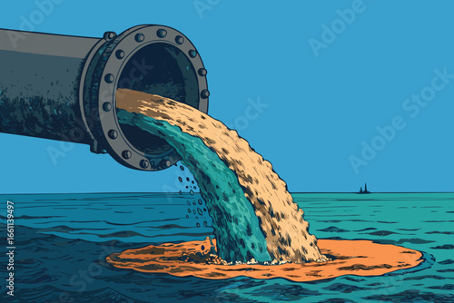 Grey wastewater discharged from a large industrial pipe flows into a vast, blue ocean, impacting marine life and coastal ecosystems.