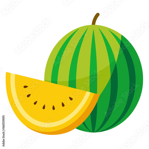 Vibrant yellow watermelon with a juicy slice isolated on white background