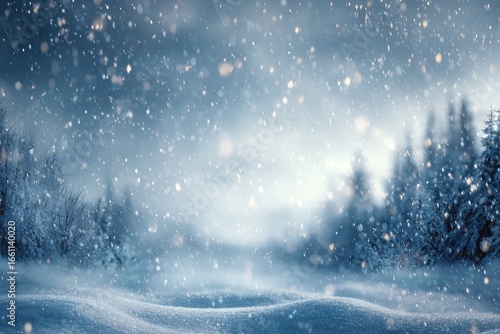 Snowy winter landscape with falling snow