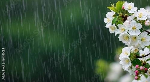 Spring rain falling on white blossoms
