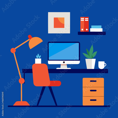 Modern home office flat illustration with desk and computer