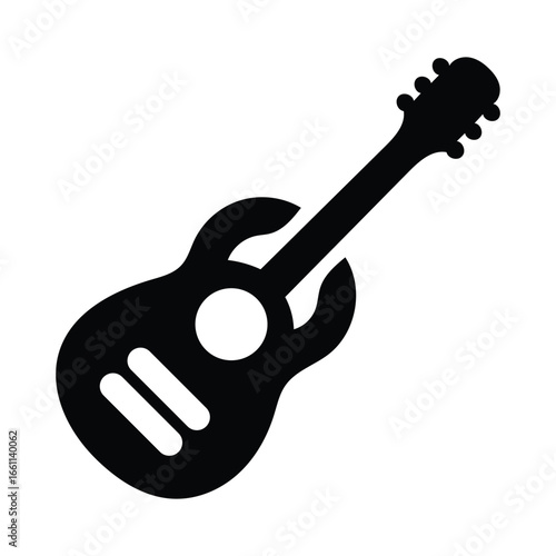 Acoustic String Instrument Graphic Silhouette Stands Out Against a White Background, Representing Music, Entertainment, and Artistic Expression, with Dark Solid Fill and Rounded Features