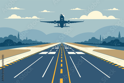 Expansive aerial perspective of a busy airport runway, capturing an aircraft gracefully ascending into the vast blue sky.