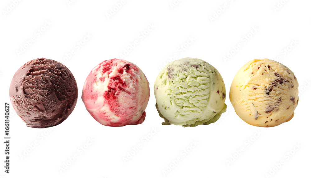 Fototapeta premium Four assorted round ice creams featuring a variety of flavors