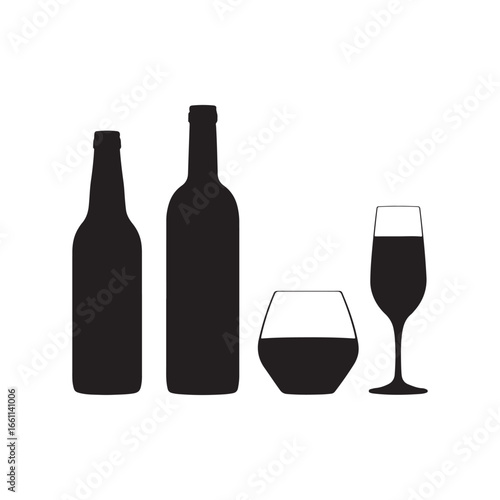 Silhouettes of wine bottles and glasses create elegant beverage collection for social events and celebrations silhouette