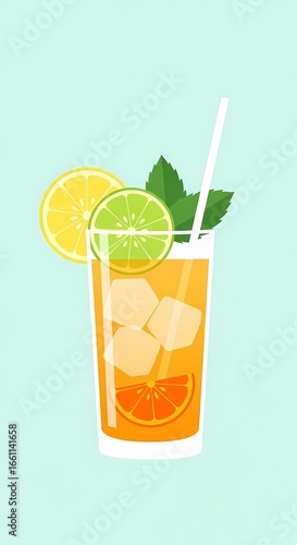 Glass of iced tea with lemon and mint on pastel background