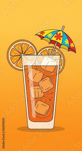 Summer cocktail with orange slice and umbrella illustration
