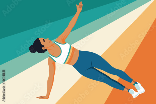Athletic woman executes a powerful side plank, showcasing core strength, fitness, flexibility, determination, healthy lifestyle, balanced pose, sportswear elegance.