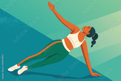 Athletic woman in dynamic sportswear executing a flawless side plank, demonstrating core strength and balance.