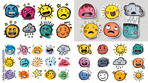 Colorful doodle illustration of expressive sun, cloud, and rain characters showing emotions like joy, sadness, and anger. Perfect for psychology, weather, or children’s design projects.