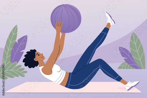 Woman gracefully performing pilates on a mat with an exercise ball, studio fitness, core strength, balanced.