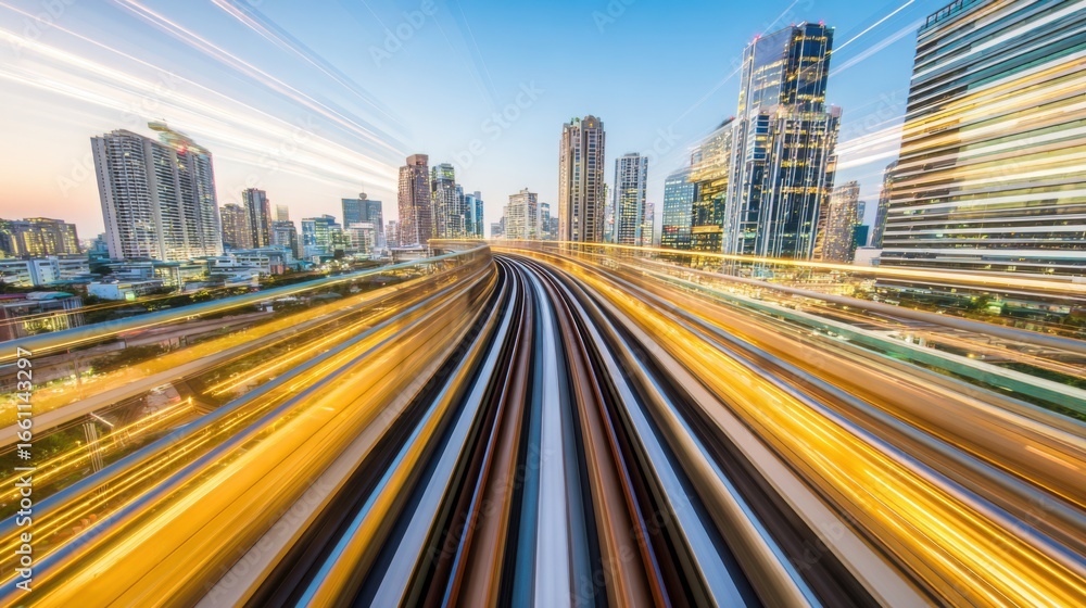 Fototapeta premium An abstract urban transit scene with motion streaks, capturing dynamic city energy.