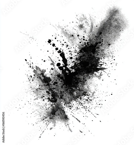 Abstract ink splatter, black on white.  A dynamic, textured explosion of dark ink marks radiating outwards on a white background