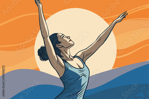 Woman stretching arms upward bathed in golden morning sunlight, finding peace and energy.