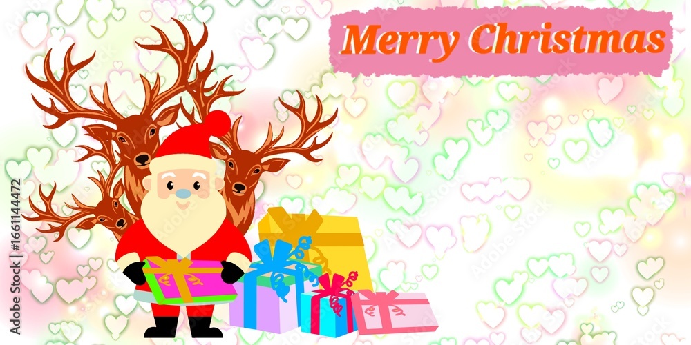 Obraz premium Illustration of a background of a cartoon card of Santa Claus with deer and a Christmas gift box.