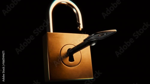 Close-up of a metallic padlock unlocking as the key turns, symbolizing security, access, freedom, and new opportunities.