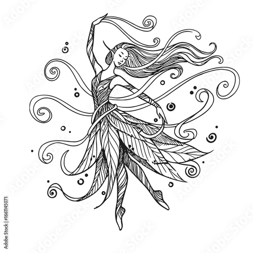 Graceful dancing fairy in a dress of leaves.