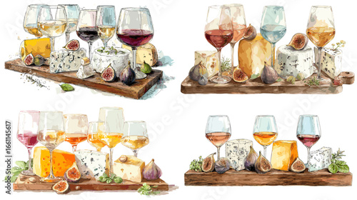 Elegant watercolor illustration of assorted wine glasses and cheeses with figs and herbs. Perfect for restaurant menu, winery branding, or gourmet food and beverage artwork.