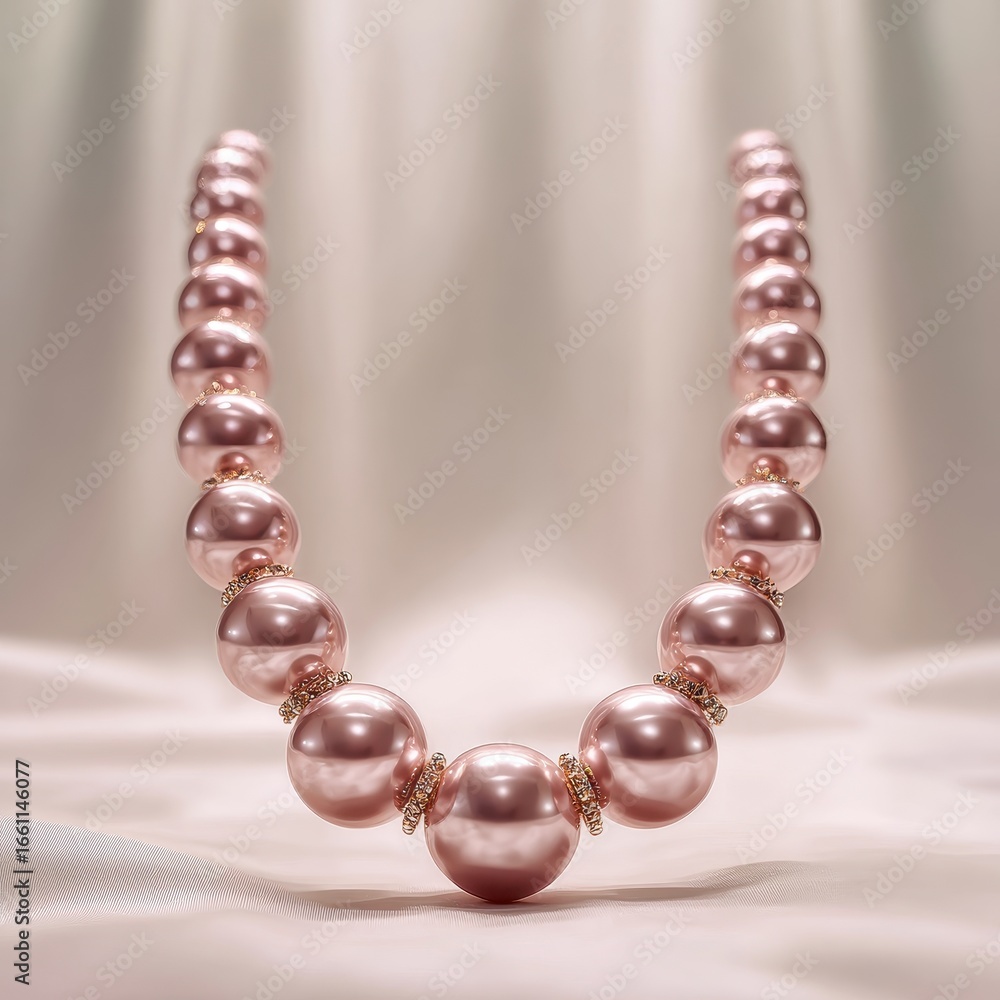 Fototapeta premium Elegant blush pink pearl necklace on silk. Soft lighting, close up.