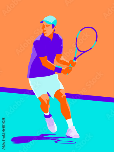 The male tennis player is playing strong. Illustration graphic design.