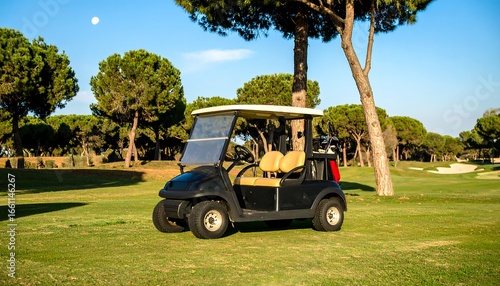 Fototapeta Naklejka Na Ścianę i Meble -  Golf cart parked under trees on a sunny course