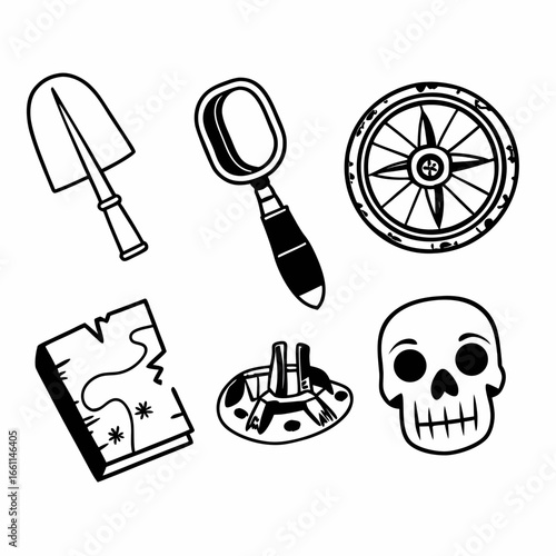 Archaeological expedition with shovel, magnifier, compass, map, skull and artifact isolated on white background