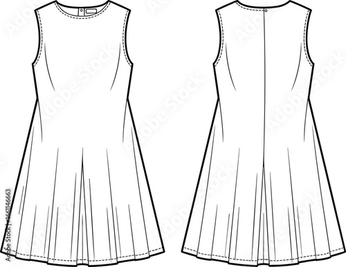 Sleeveless dress technical sketch, fashion CAD drawing, flat vector illustration, front and back view, pleated A-line design, apparel template