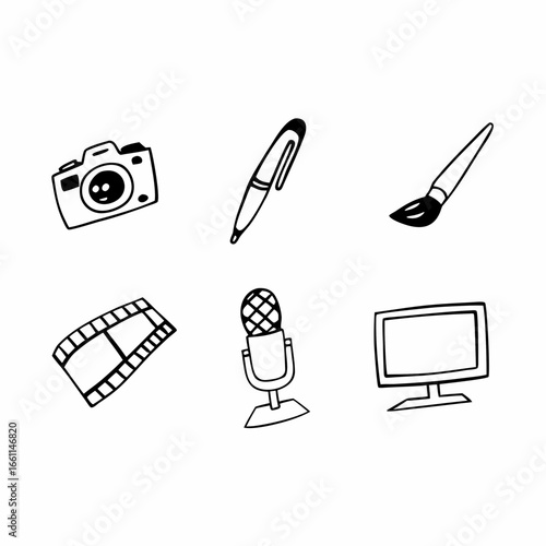 Collection of media icons isolated on white background, including camera, pen, brush, film, microphone, and monitor