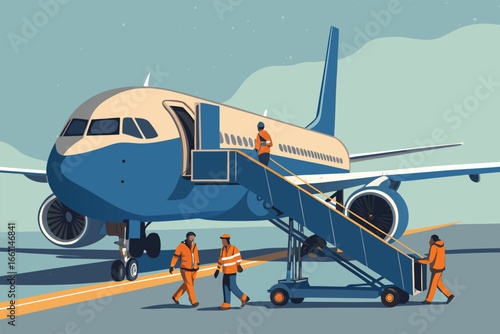 Detailed realistic photo of a modern aircraft parked, jet bridge attached, ground crew in action, airport operations.