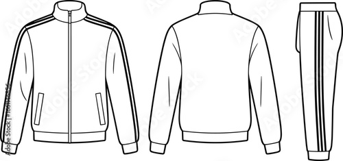 Tracksuit technical sketch, jacket and pants CAD drawing, fashion flat vector illustration, front back side view, striped design, apparel template