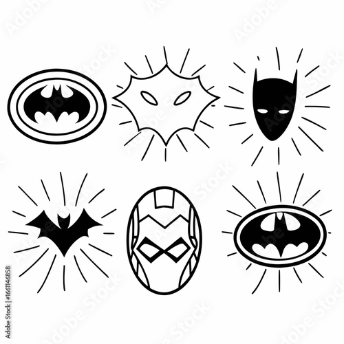 Collection of batman icons isolated on white background, including logo, mask, and bat signal variations