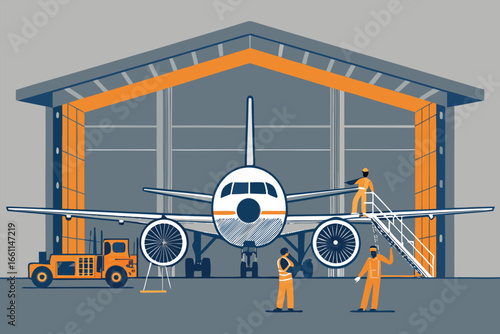 Mechanics meticulously inspect and repair powerful jet engines within a vast, well-lit airplane hangar.