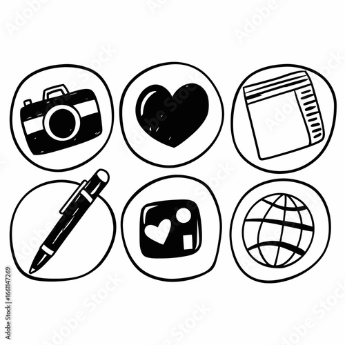 Social media icons set isolated on white background, hand drawn vector illustration in doodle style