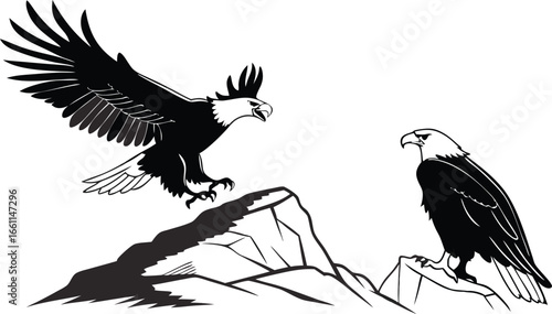 Majestic eagles soar and perch on rocky peaks, symbolizing freedom, power, and wild nature's grandeur.