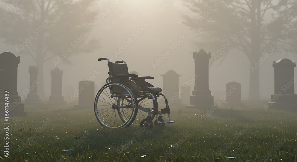 Obraz premium A wheelchair sits abandoned in a foggy cemetery, evoking themes of mortality.