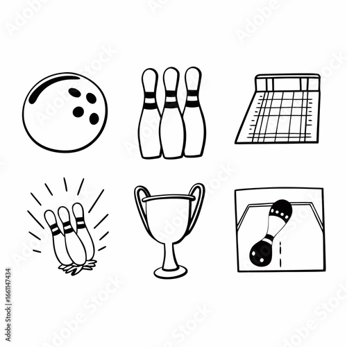 Bowling icons set with ball, pins, lane, score board, and trophy isolated on white background