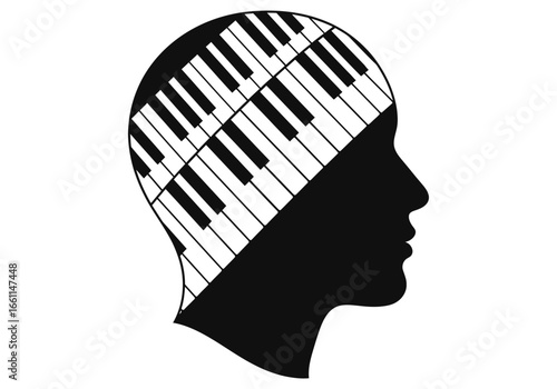 A head filled with piano keys, representing musicality and creativity