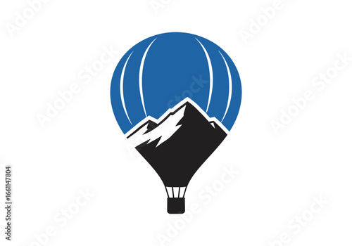 Blue hot air balloon with mountain peak